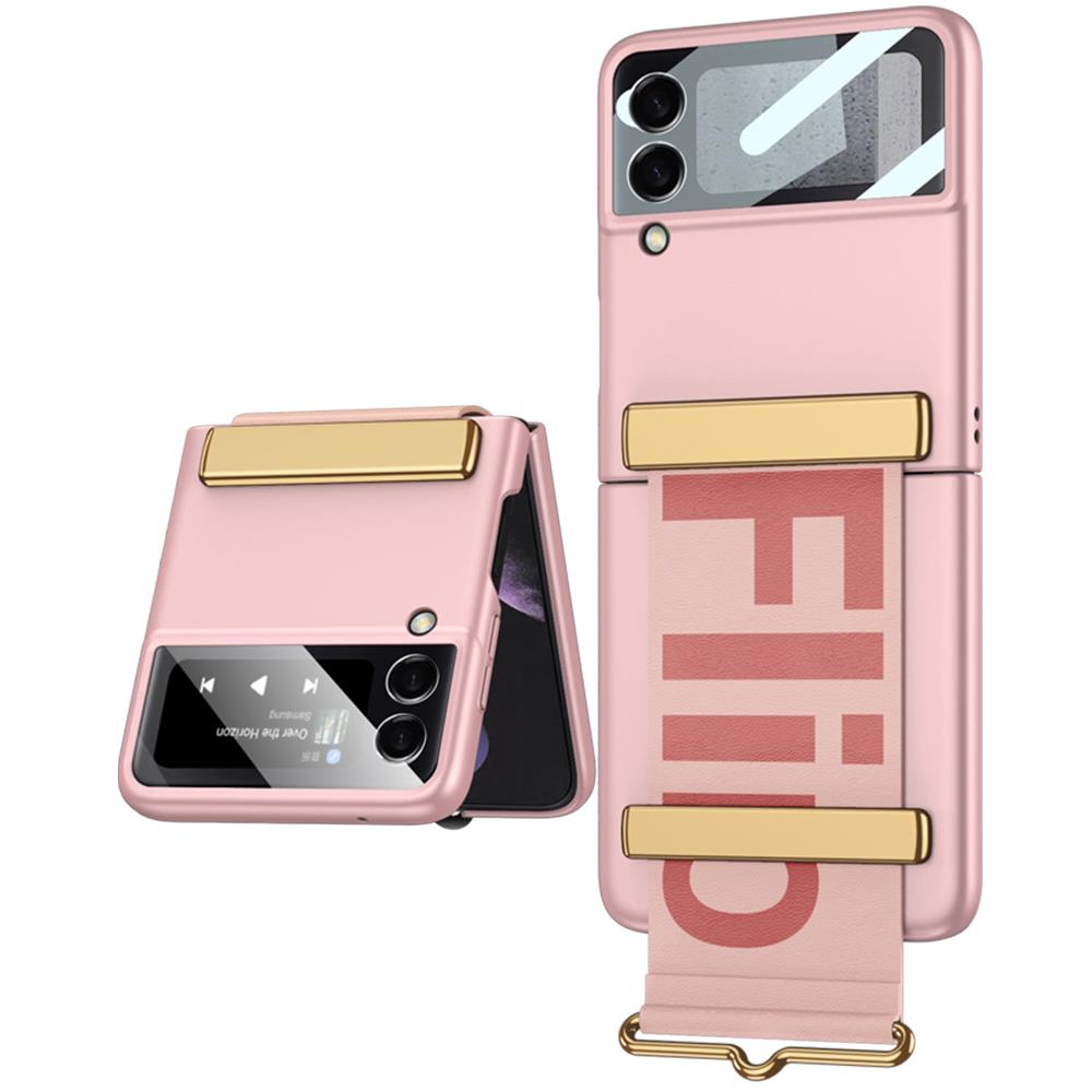 Samsung Galaxy Z Flip 3 Tasarım Kılıf Premium Kapak Flio Kayar Bantlı Metal Tokalı Tam Uyumlu Pembe