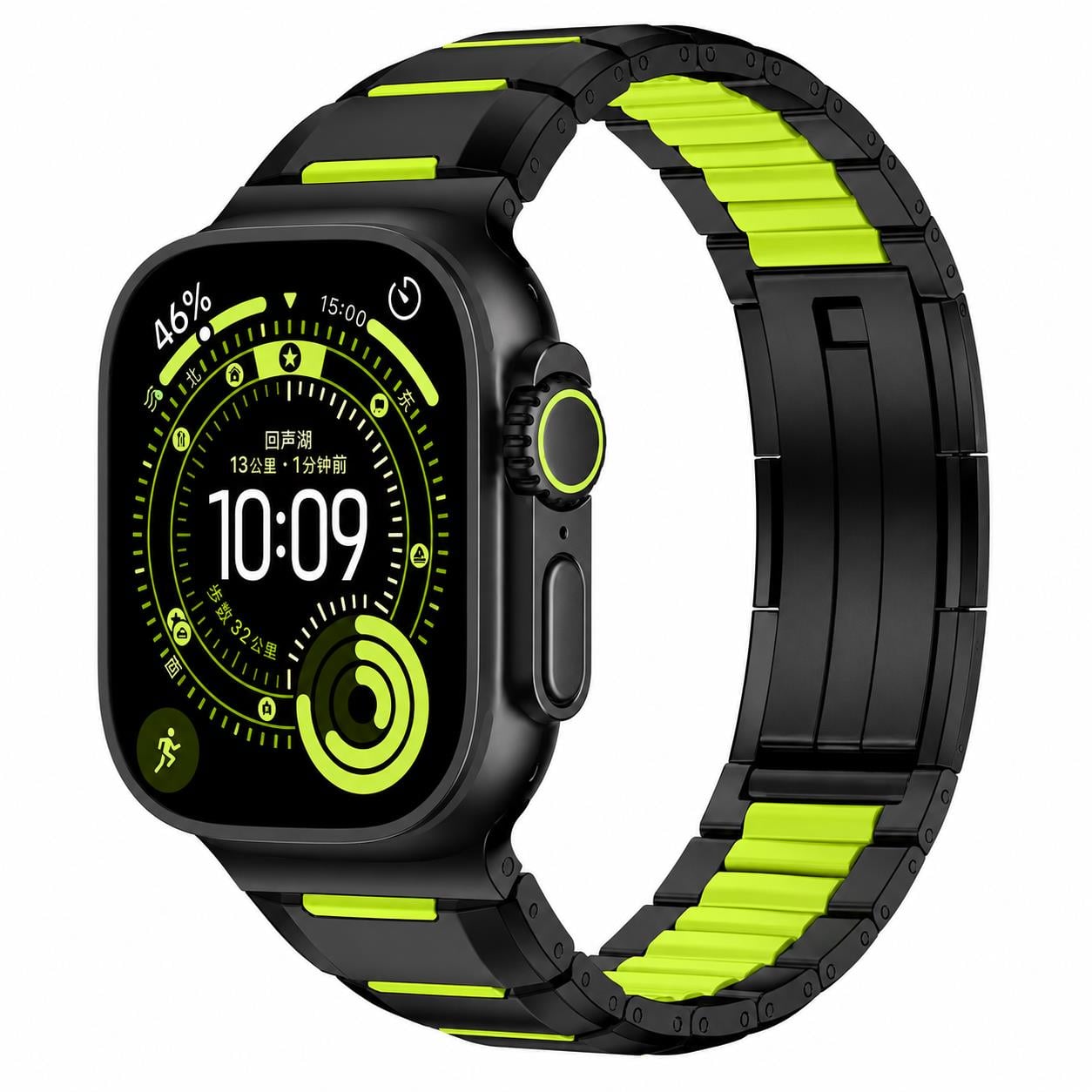 Apple Watch 10 / 11 46 mm uyumlu Metal Silikon Hibrit Kordon Premium Paslanmaz Çelik Kayış Siyah - Yeşil