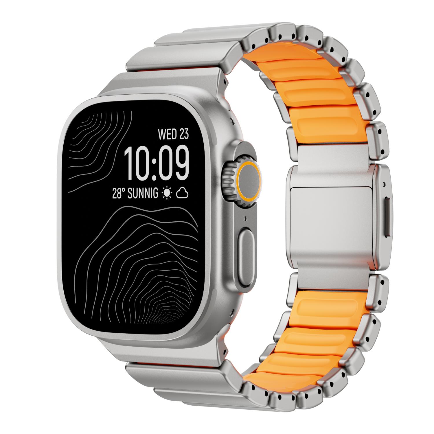 Apple Watch Ultra 2 3 49 mm uyumlu Titanyum Kordon Silikon İç Yüzey Hafif Premium Kayış Gümüş - Turuncu