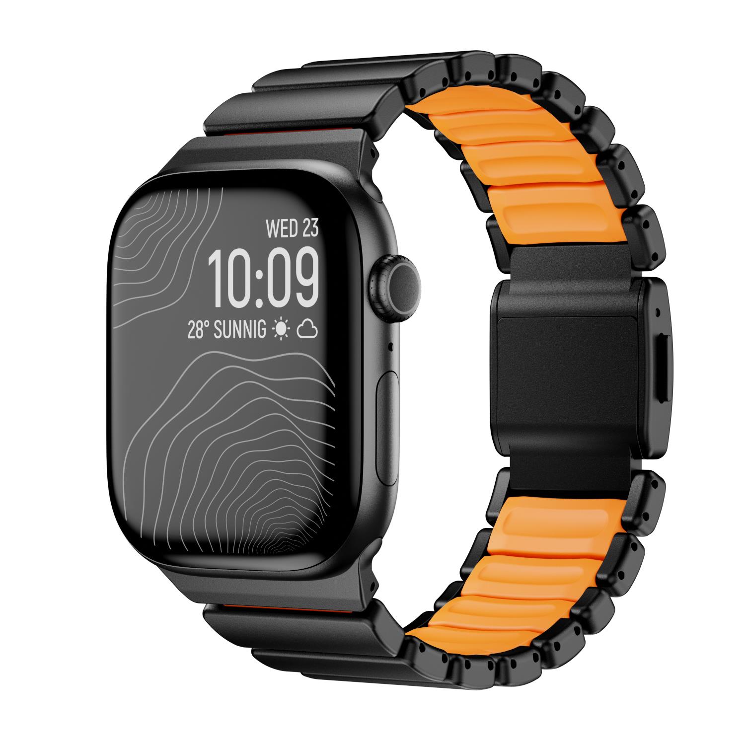 Apple Watch 10 / 11 46 mm uyumlu Titanyum Kordon Silikon İç Yüzey Hafif Premium Kayış Siyah - Turuncu