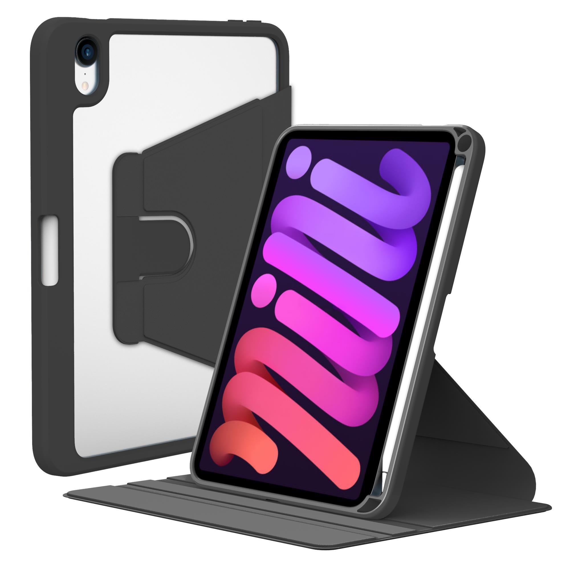 iPad Mini 6. Nesil 2021 Uyumlu Kılıf 360° Dönebilen Kalem Bölmeli Standlı Akıllı Kapak Premium Siyah