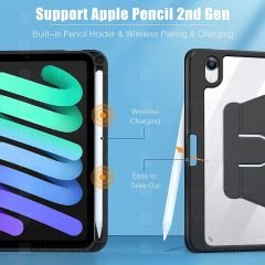 iPad Mini 6. Nesil 2021 Uyumlu Kılıf 360° Dönebilen Kalem Bölmeli Standlı Akıllı Kapak Premium Siyah