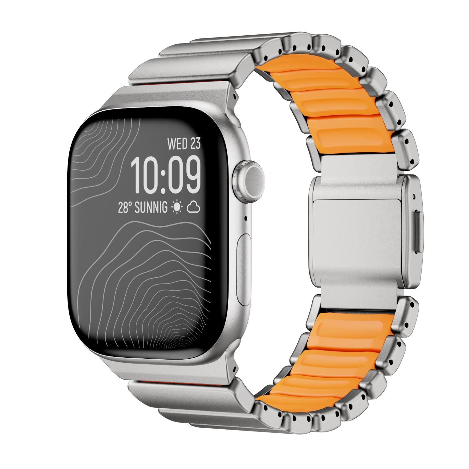 Apple Watch 10 / 11 46 mm uyumlu Titanyum Kordon Silikon İç Yüzey Hafif Premium Kayış Gümüş - Turuncu