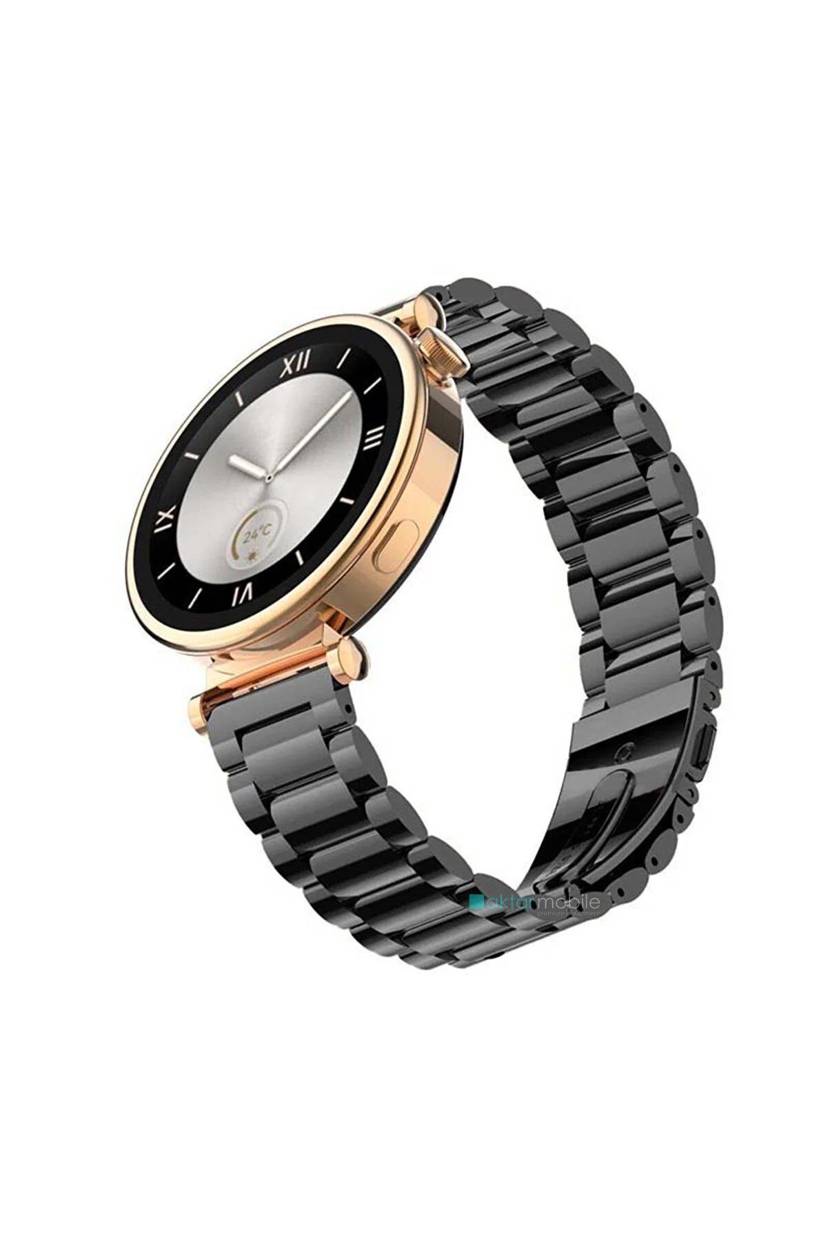 Huawei Watch GT4 41 mm (18 mm) Uyumlu Metal Baklalı Kordon Paslanmaz Çelik Kayış Premium Siyah