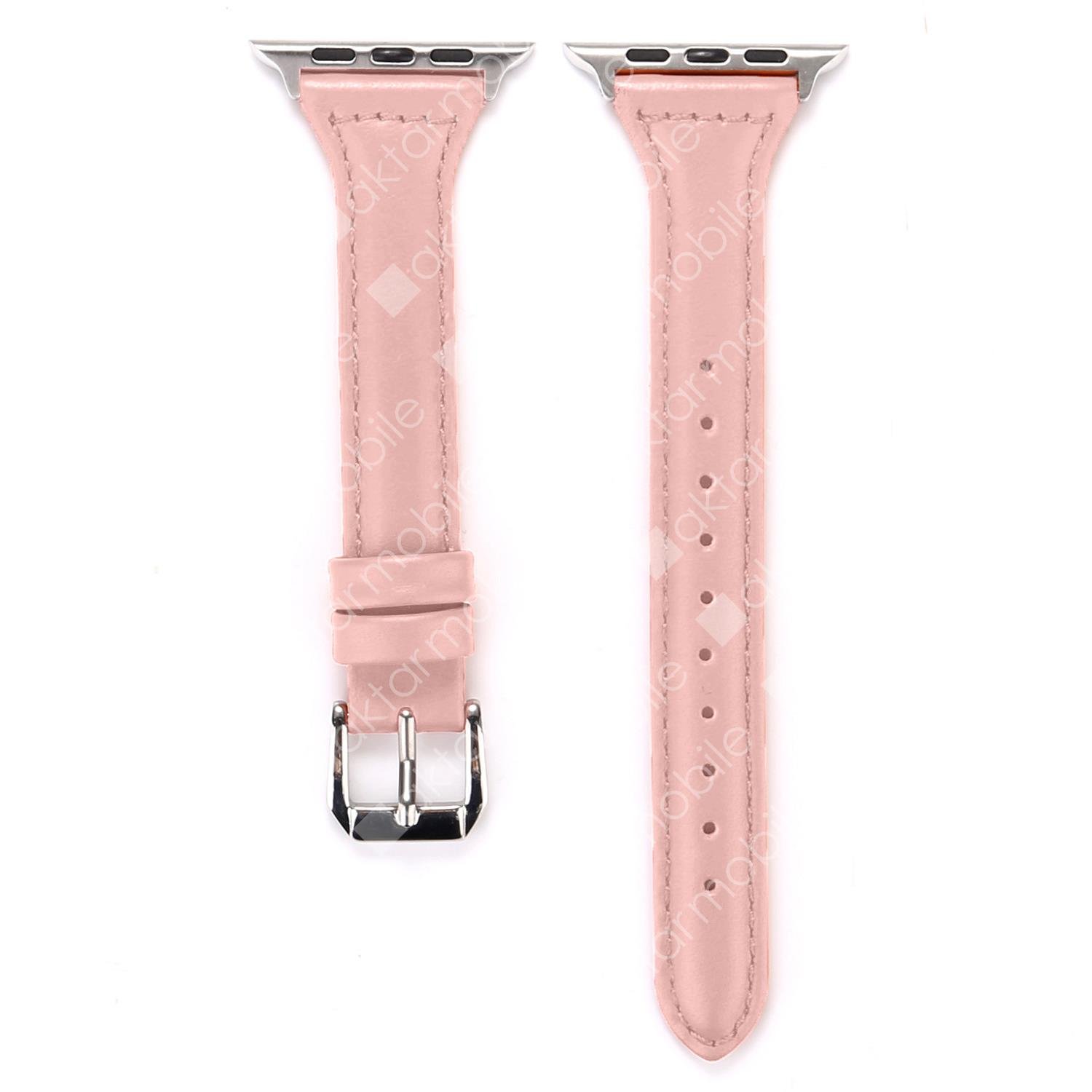 Apple Watch Ultra 49 mm uyumlu Deri Kordon Premium Dikişli İnce Deri Kayış Pembe
