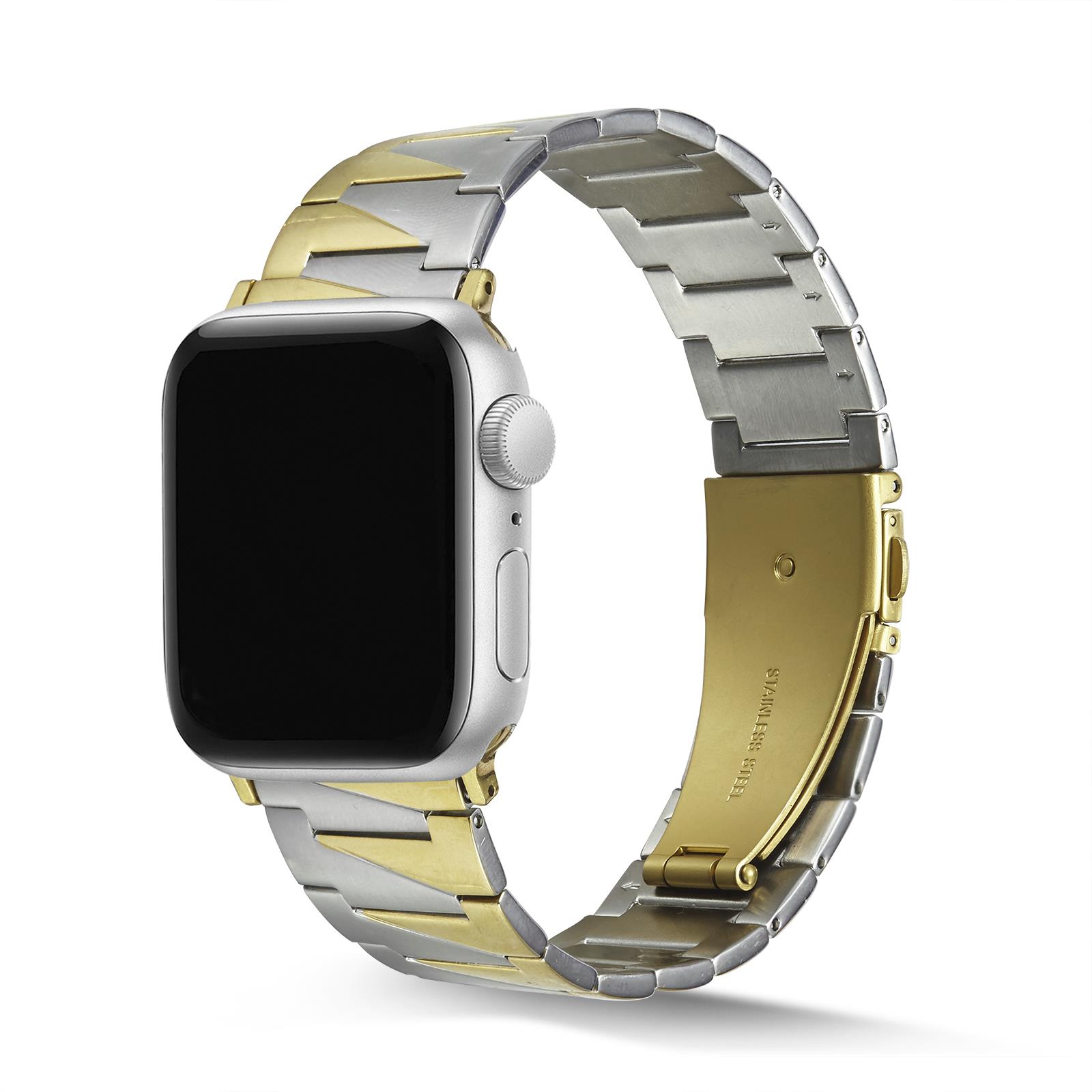 Apple Watch 7 6 SE 5 4 3 2 1 - 41 / 40 / 38 mm uyumlu Metal Kordon Geometrik Tasarım Çelik Kayış Gold - Gümüş