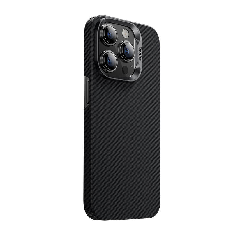 Apple iPhone 14 Pro Kılıf Magsafe Şarj Özellikli Karbon Fiber Benks MFM Lisanslı 600D Essential Kevlar Kapak Siyah