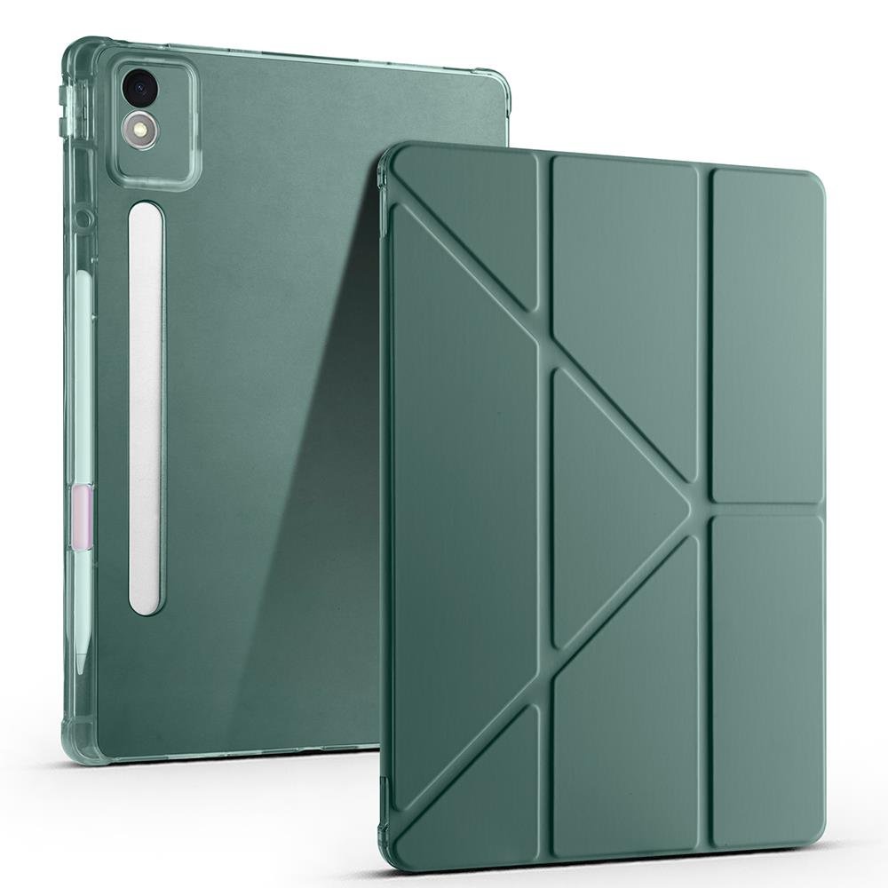 Lenovo Idea Tab Pro 12.7'' uyumlu Kılıf Kalem Bölmeli Tri Folding Standlı Arkası Silikon Uyku Modlu Koyu Yeşil