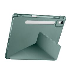 Lenovo Idea Tab Pro 12.7'' uyumlu Kılıf Kalem Bölmeli Tri Folding Standlı Arkası Silikon Uyku Modlu Koyu Yeşil