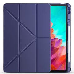 Lenovo Idea Tab Pro 12.7'' uyumlu Kılıf Kalem Bölmeli Tri Folding Standlı Arkası Silikon Uyku Modlu Lacivert