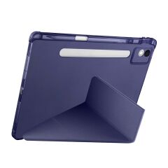 Lenovo Idea Tab Pro 12.7'' uyumlu Kılıf Kalem Bölmeli Tri Folding Standlı Arkası Silikon Uyku Modlu Lacivert
