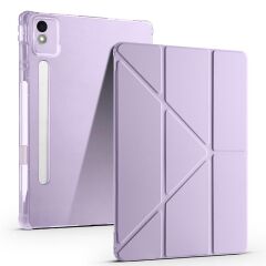Lenovo Idea Tab Pro 12.7'' uyumlu Kılıf Kalem Bölmeli Tri Folding Standlı Arkası Silikon Uyku Modlu Lila