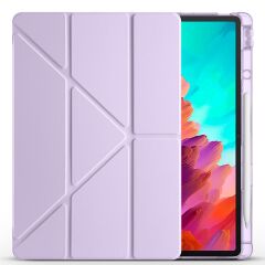 Lenovo Idea Tab Pro 12.7'' uyumlu Kılıf Kalem Bölmeli Tri Folding Standlı Arkası Silikon Uyku Modlu Lila
