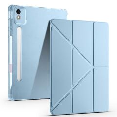 Lenovo Idea Tab Pro 12.7'' uyumlu Kılıf Kalem Bölmeli Tri Folding Standlı Arkası Silikon Uyku Modlu Mavi