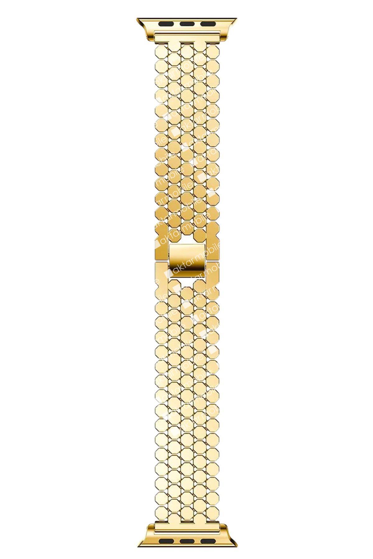 Apple Watch 8 45 mm uyumlu Metal Kordon Hegzagonal Tasarım Premium Kayış Gold