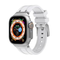 Apple Watch Ultra 49 mm Uyumlu Metal Aksamlı Silikon Kordon Luxury Premium Kayış Paslanmaz Çelik Beyaz