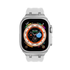 Apple Watch Ultra 49 mm Uyumlu Metal Aksamlı Silikon Kordon Luxury Premium Kayış Paslanmaz Çelik Beyaz
