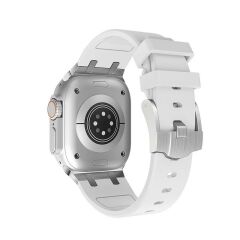 Apple Watch Ultra 49 mm Uyumlu Metal Aksamlı Silikon Kordon Luxury Premium Kayış Paslanmaz Çelik Beyaz
