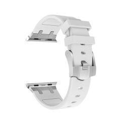 Apple Watch Ultra 49 mm Uyumlu Metal Aksamlı Silikon Kordon Luxury Premium Kayış Paslanmaz Çelik Beyaz