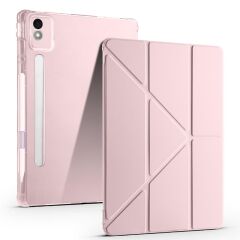 Lenovo Idea Tab Pro 12.7'' uyumlu Kılıf Kalem Bölmeli Tri Folding Standlı Arkası Silikon Uyku Modlu Rose Gold