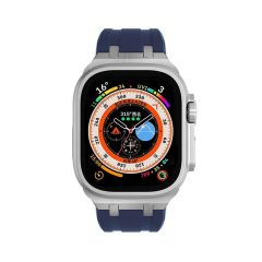 Apple Watch Ultra 49 mm Uyumlu Metal Aksamlı Silikon Kordon Luxury Premium Kayış Paslanmaz Çelik Lacivert