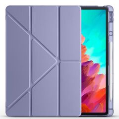 Lenovo Idea Tab Pro 12.7'' uyumlu Kılıf Kalem Bölmeli Tri Folding Standlı Arkası Silikon Uyku Modlu Levander Gray