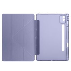 Lenovo Idea Tab Pro 12.7'' uyumlu Kılıf Kalem Bölmeli Tri Folding Standlı Arkası Silikon Uyku Modlu Levander Gray
