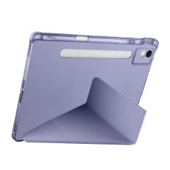 Lenovo Idea Tab Pro 12.7'' uyumlu Kılıf Kalem Bölmeli Tri Folding Standlı Arkası Silikon Uyku Modlu Levander Gray