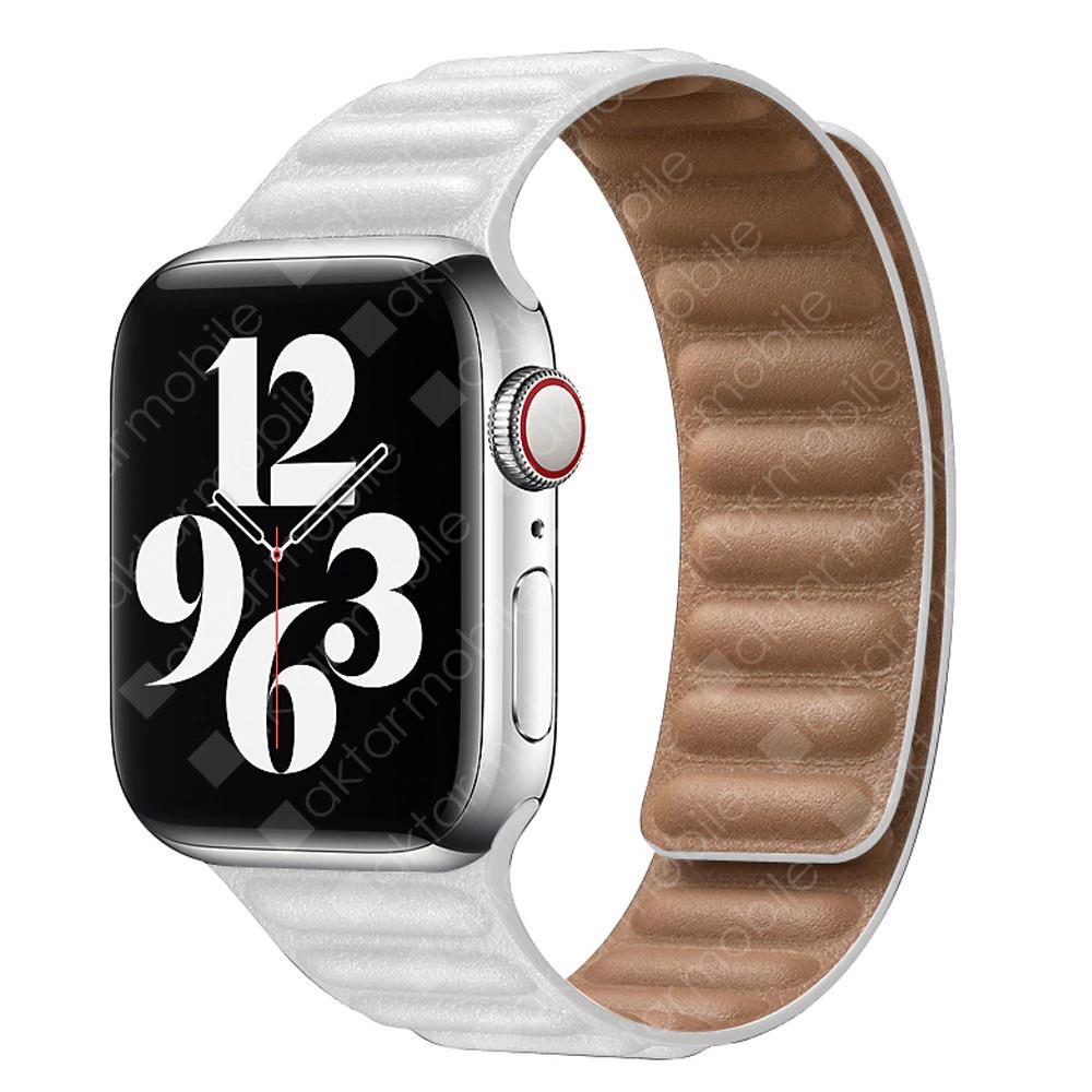 Apple Watch 7 6 SE 5 4 3 2 1 - 42 / 44 / 45 mm uyumlu Baklalı Model Deri Kayış Mıknatıslı Kordon Beyaz