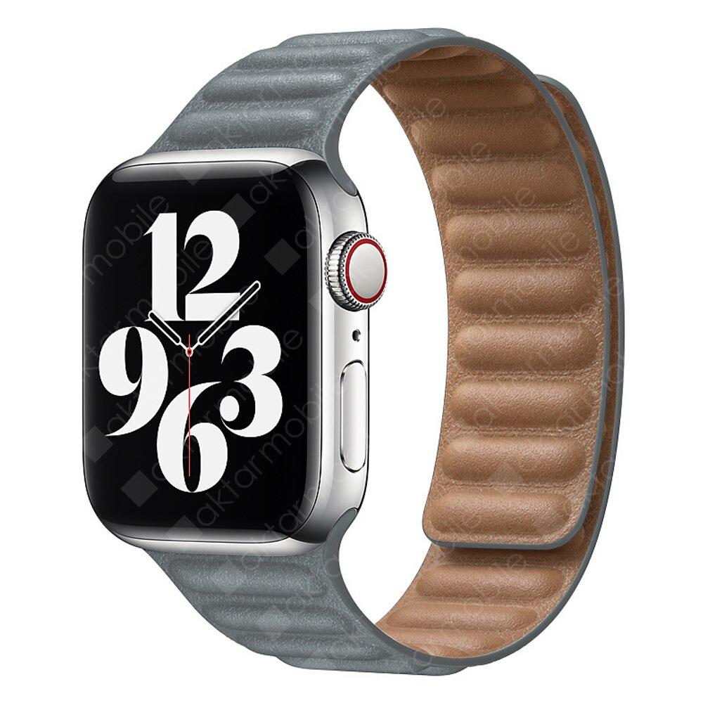 Apple Watch 7 6 SE 5 4 3 2 1 - 42 / 44 / 45 mm uyumlu Baklalı Model Deri Kayış Mıknatıslı Kordon Gri