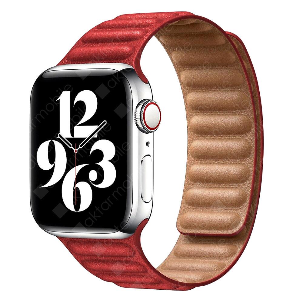 Apple Watch 7 6 SE 5 4 3 2 1 - 42 / 44 / 45 mm uyumlu Baklalı Model Deri Kayış Mıknatıslı Kordon Kırmızı