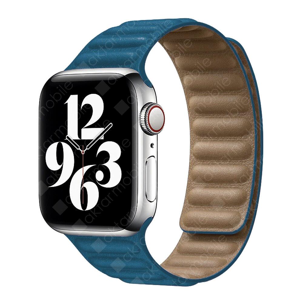 Apple Watch 7 6 SE 5 4 3 2 1 - 42 / 44 / 45 mm uyumlu Baklalı Model Deri Kayış Mıknatıslı Kordon Mavi