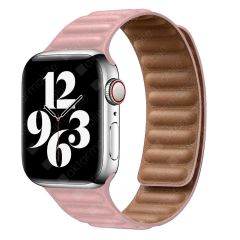 Apple Watch 7 6 SE 5 4 3 2 1 - 42 / 44 / 45 mm uyumlu Baklalı Model Deri Kayış Mıknatıslı Kordon Pembe