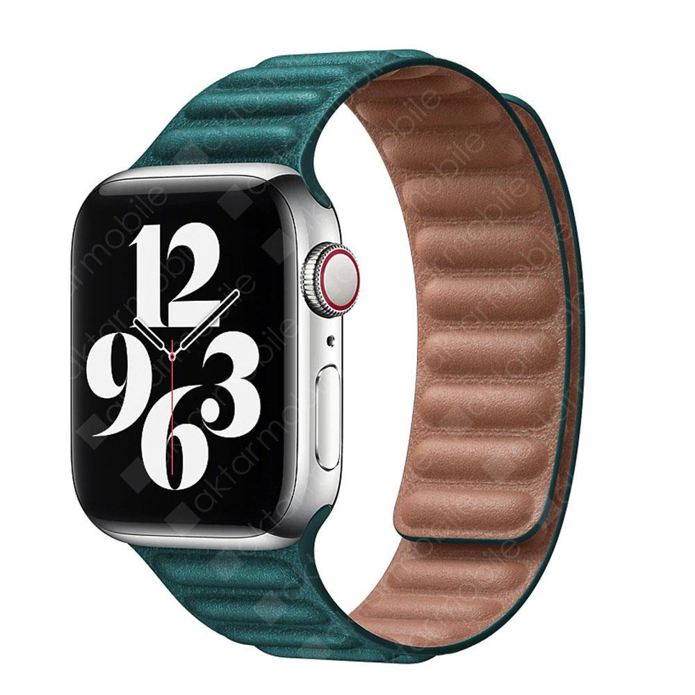 Apple Watch 7 6 SE 5 4 3 2 1 - 42 / 44 / 45 mm uyumlu Baklalı Model Deri Kayış Mıknatıslı Kordon Petrol Mavi