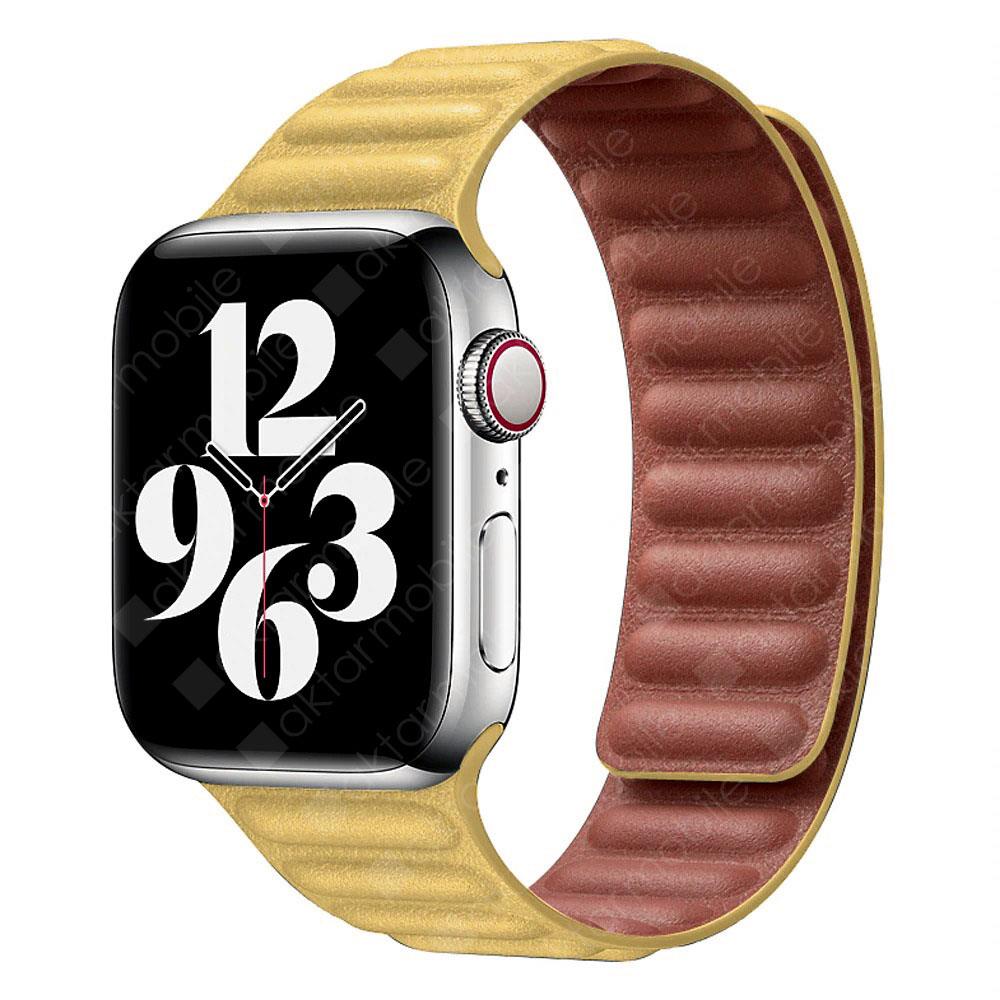 Apple Watch 7 6 SE 5 4 3 2 1 - 42 / 44 / 45 mm uyumlu Baklalı Model Deri Kayış Mıknatıslı Kordon Sarı