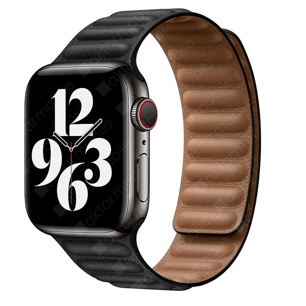 Apple Watch 7 6 SE 5 4 3 2 1 - 42 / 44 / 45 mm uyumlu Baklalı Model Deri Kayış Mıknatıslı Kordon Siyah