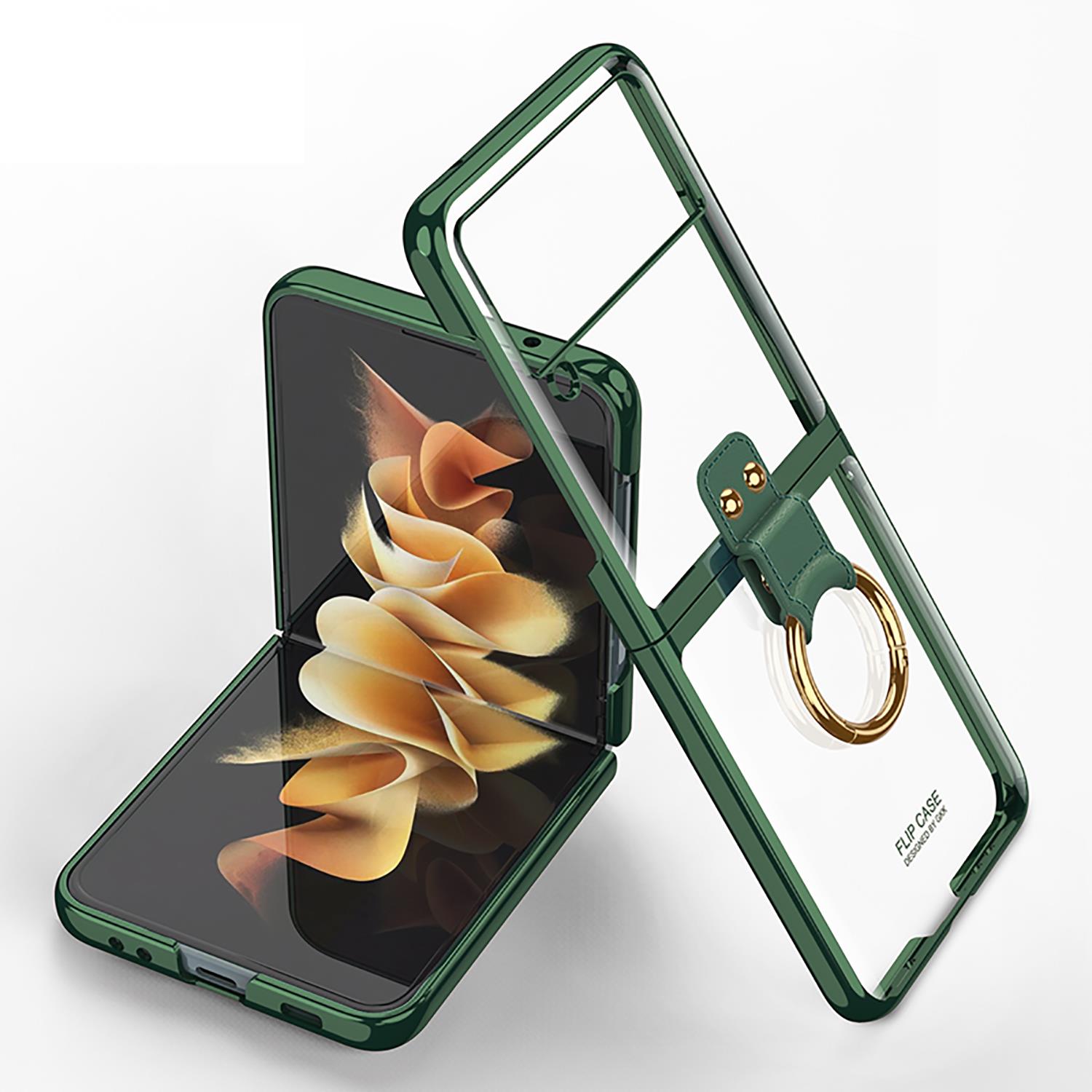 Samsung Galaxy Z Flip 3 Yüzüklü Kılıf Premium Kapak Metalik Renk Ultra İnce Electroplate Tam Uyumlu Koyu Yeşil