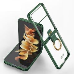 Samsung Galaxy Z Flip 3 Yüzüklü Kılıf Premium Kapak Metalik Renk Ultra İnce Electroplate Tam Uyumlu Koyu Yeşil