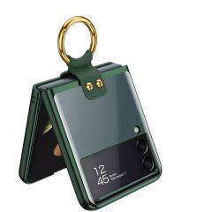 Samsung Galaxy Z Flip 3 Yüzüklü Kılıf Premium Kapak Metalik Renk Ultra İnce Electroplate Tam Uyumlu Koyu Yeşil