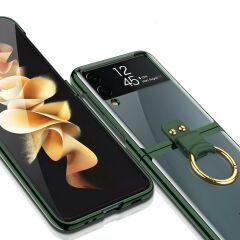 Samsung Galaxy Z Flip 3 Yüzüklü Kılıf Premium Kapak Metalik Renk Ultra İnce Electroplate Tam Uyumlu Koyu Yeşil