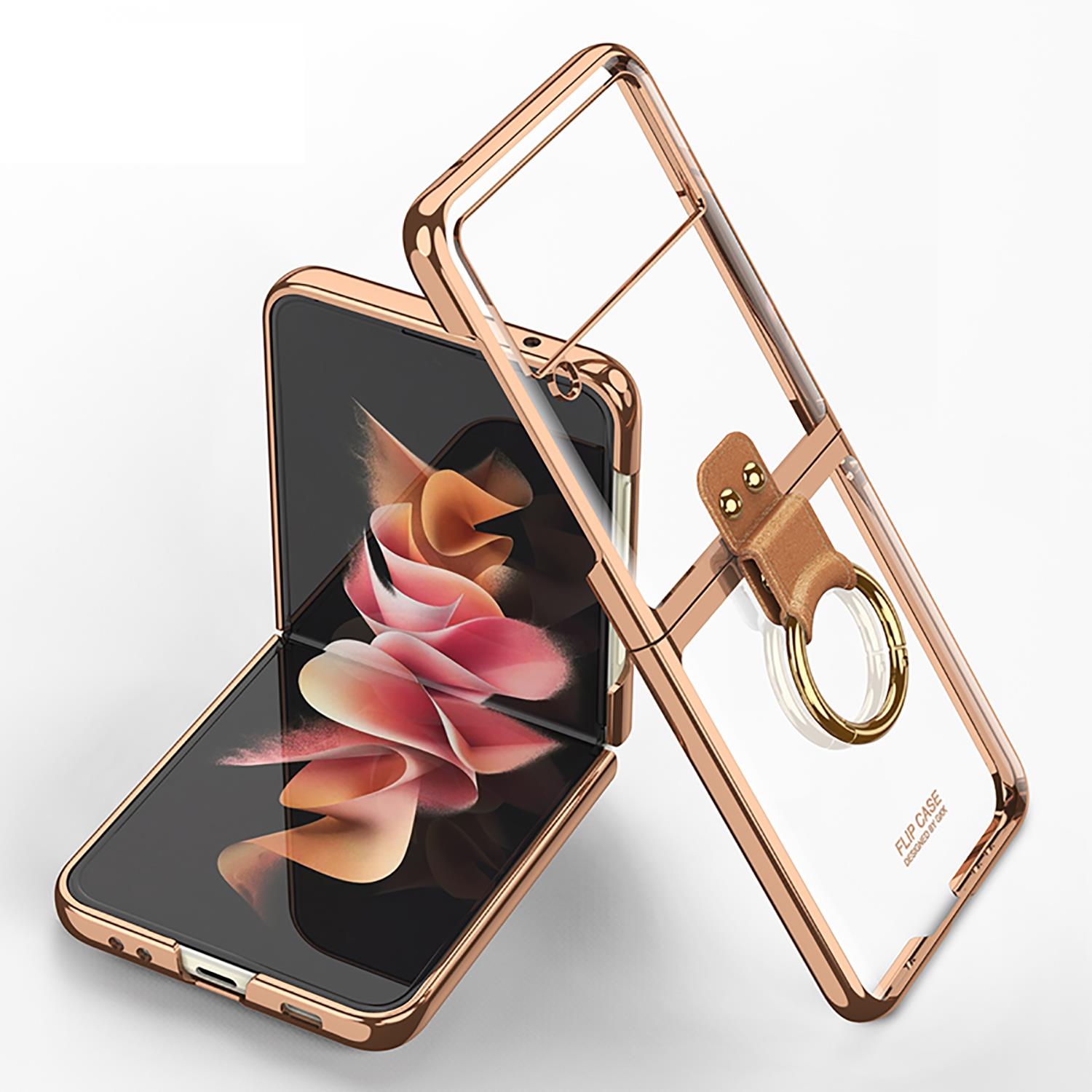 Samsung Galaxy Z Flip 3 Yüzüklü Kılıf Premium Kapak Metalik Renk Ultra İnce Electroplate Tam Uyumlu Gold