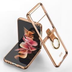 Samsung Galaxy Z Flip 3 Yüzüklü Kılıf Premium Kapak Metalik Renk Ultra İnce Electroplate Tam Uyumlu Gold