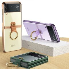 Samsung Galaxy Z Flip 3 Yüzüklü Kılıf Premium Kapak Metalik Renk Ultra İnce Electroplate Tam Uyumlu Gold