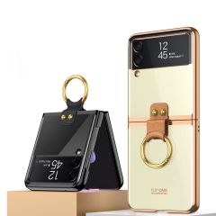 Samsung Galaxy Z Flip 3 Yüzüklü Kılıf Premium Kapak Metalik Renk Ultra İnce Electroplate Tam Uyumlu Siyah