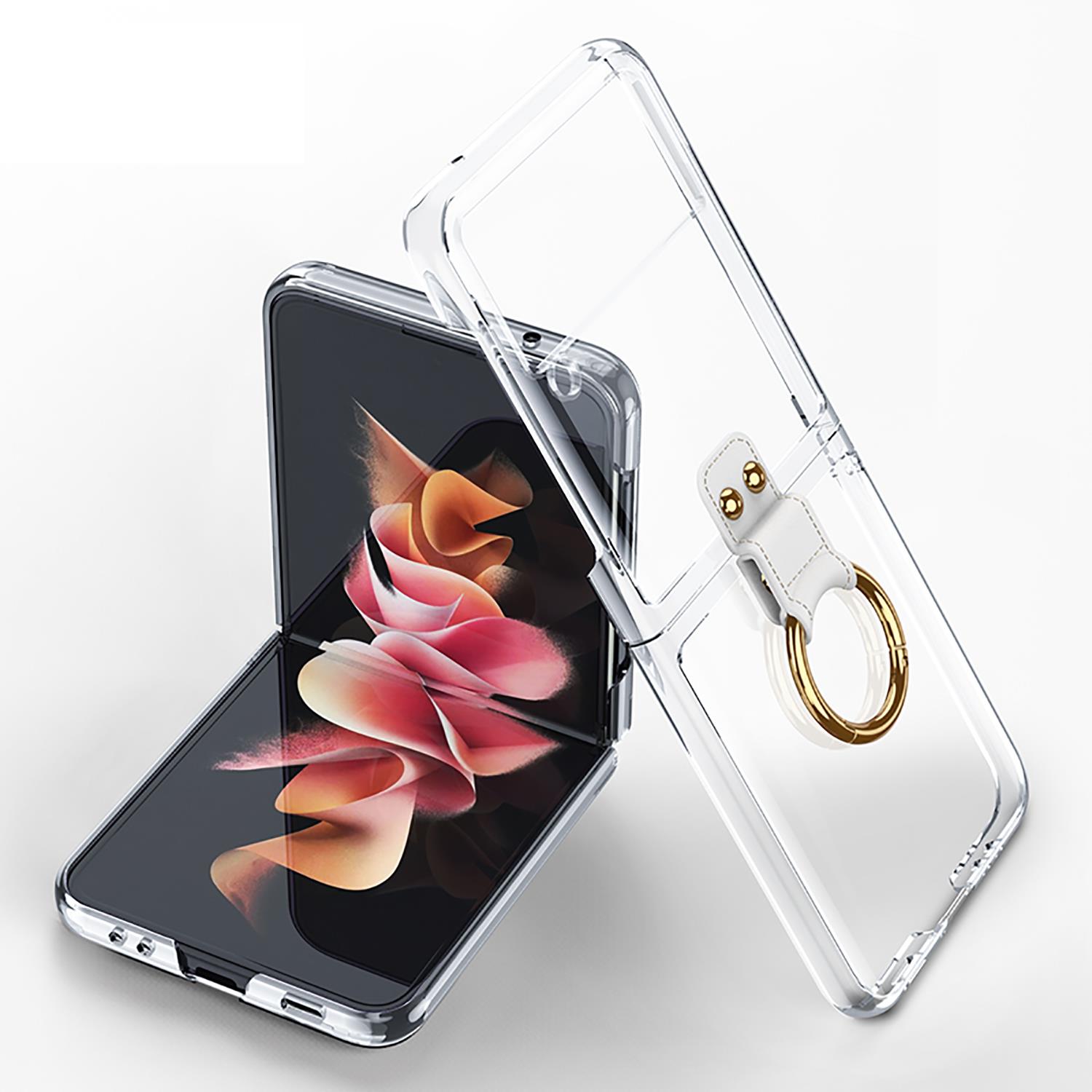 Samsung Galaxy Z Flip 3 Yüzüklü Kılıf Premium Kapak Metalik Renk Ultra İnce Electroplate Tam Uyumlu Şeffaf