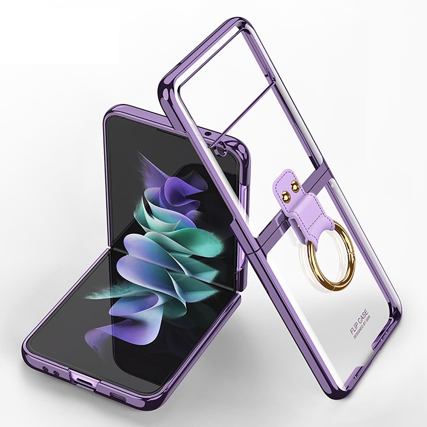 Samsung Galaxy Z Flip 3 Yüzüklü Kılıf Premium Kapak Metalik Renk Ultra İnce Electroplate Tam Uyumlu Mor