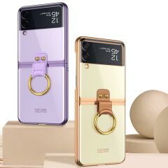 Samsung Galaxy Z Flip 3 Yüzüklü Kılıf Premium Kapak Metalik Renk Ultra İnce Electroplate Tam Uyumlu Mor