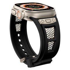Apple Watch 7 8 9 45 mm uyumlu Silikon Kordon Metal Detaylı Hava Alabilen Premium Kayış Siyah - Titanyum