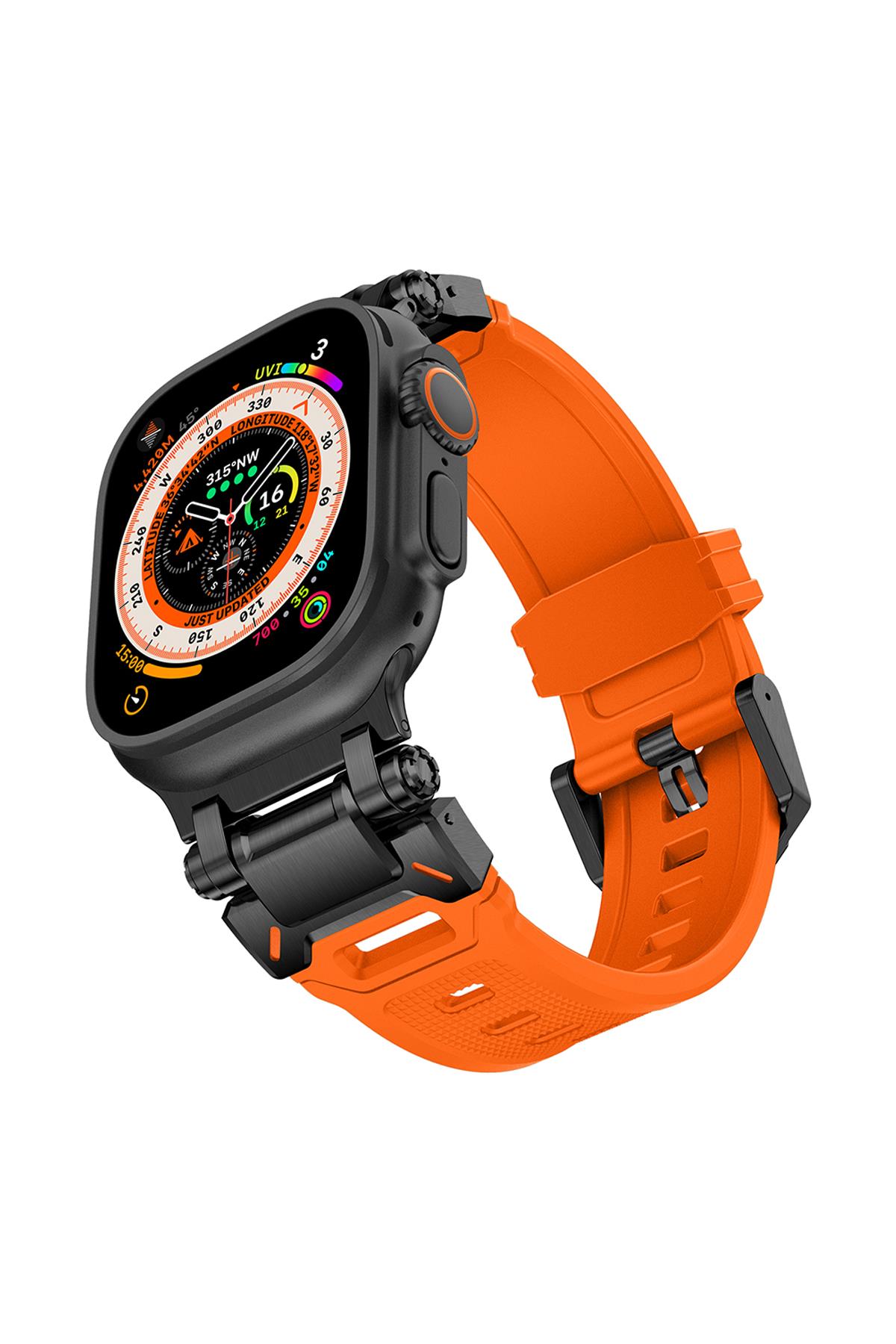 Apple Watch Ultra / Ultra 2 49 mm uyumlu Titanyum Aksamlı Silikon Kordon Luxury Premium Kayış Siyah - Turuncu