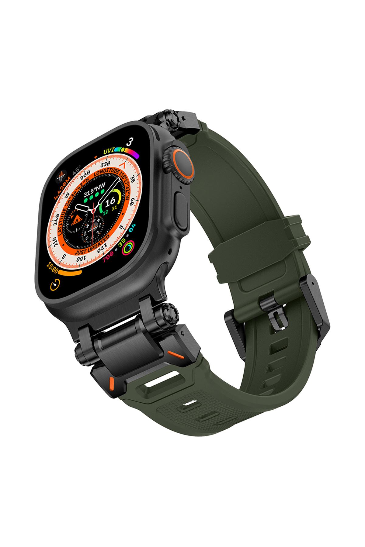 Apple Watch Ultra / Ultra 2 49 mm uyumlu Titanyum Aksamlı Silikon Kordon Luxury Premium Kayış Siyah - Yeşil
